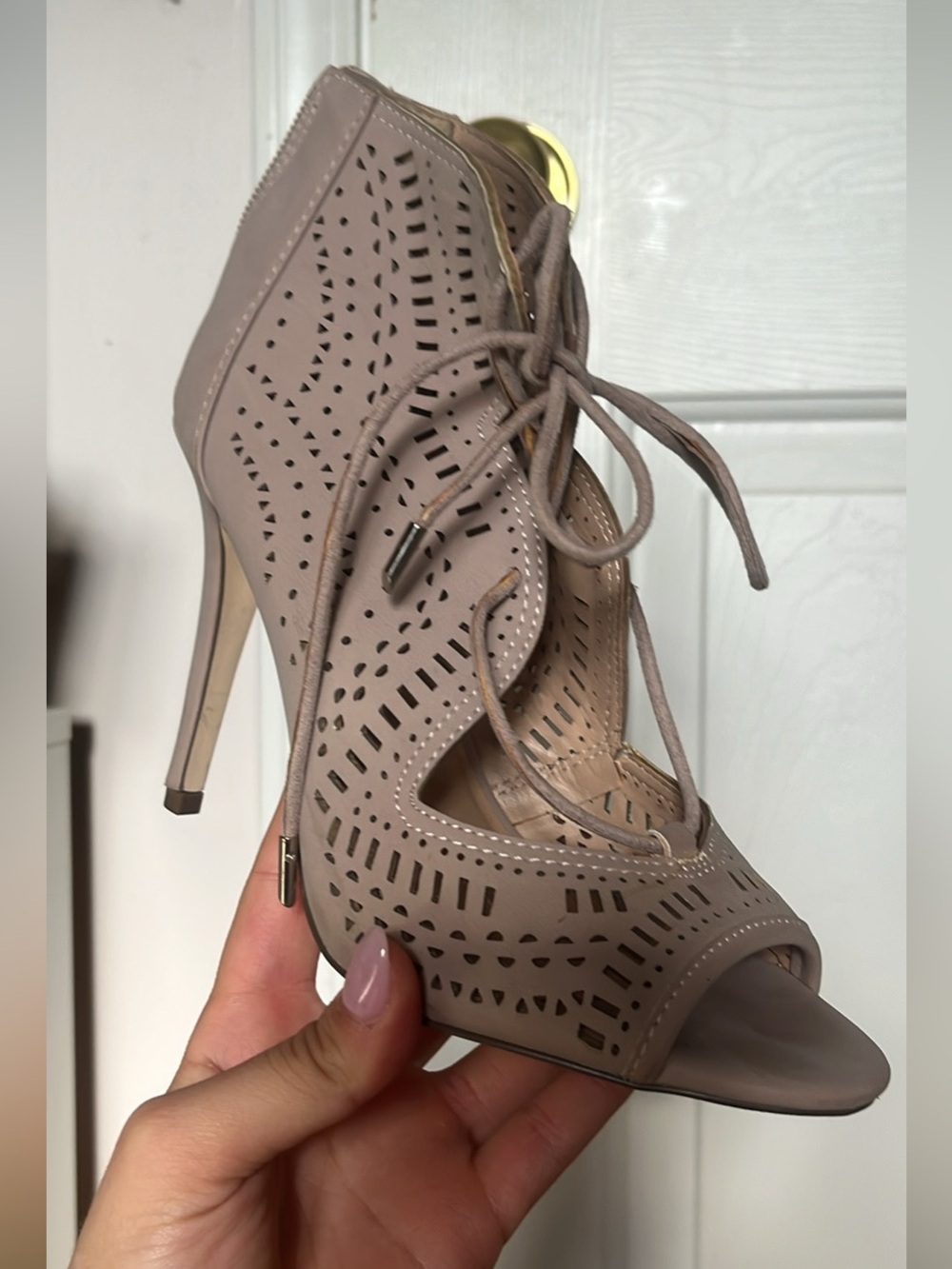 Call It Spring Taupe Lace-Up Peep Toe High Heel